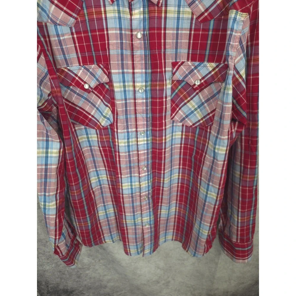 Levis Western Shirt Mens 2XL Red Plaid‎ Pearl Snap Cowboy Rodeo Vaquero